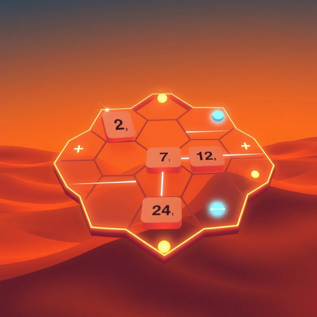 Glowing orbs joined by a chain of numbered hex tiles over a desert sunset, from the game Hex-Chain