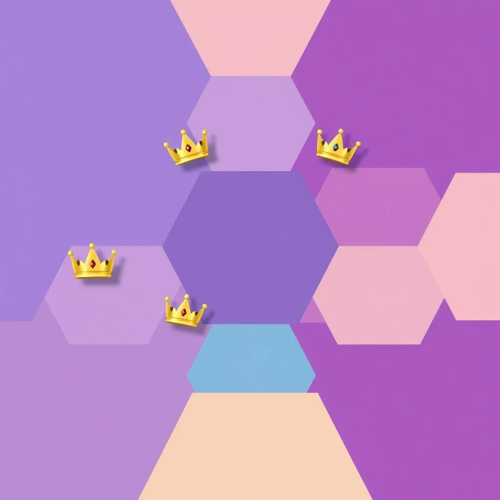 Golden crowns placed on a pastel hexagonal board, from the game Hex-Queens