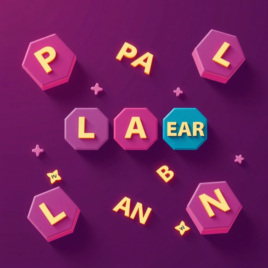 Letter tiles spelling a word across a purple honeycomb, from the game Hex-Word